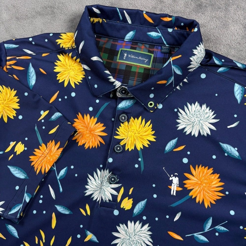 William Murray Polo Shirt Mens Medium Navy Mums the Word Floral Golf Performance
